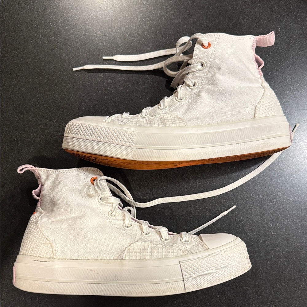 Converse White and Pink Platform High-Top Sneakers; Women’s 10